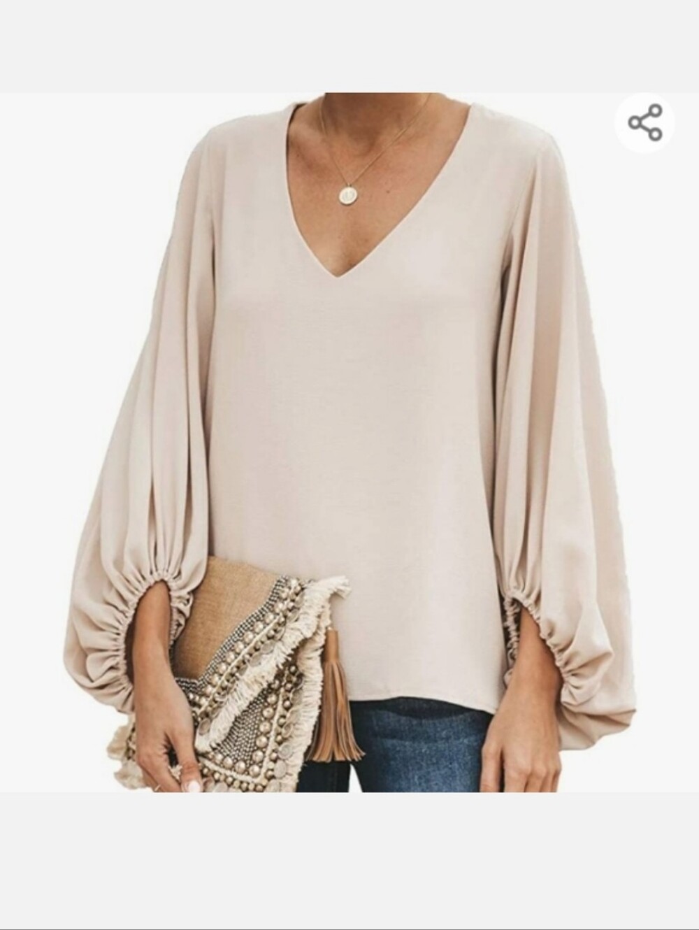 Qearal Oversized Chiffon V Neck Blouse Baloon Sleeves Champagne Cream Flowy Top